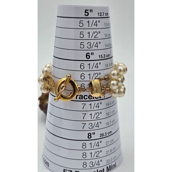 Vintage Triple-Strand Faux Pearl Bracelet w/ Gold Tone Toggle Clasp Hand Tied - Picture 7 of 7